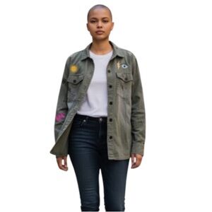 Wildfox Truman Jacket Olive Green Military light distressing embroidery size XL